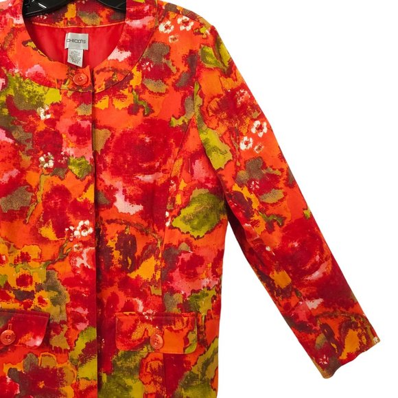 Chicos Floral Jacket Chicos Sz 2 US L/12 Round Neck Hidden Button Placket Blazer - Picture 13 of 16